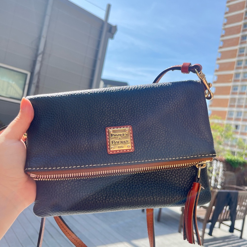 Dooney & Bourke Black Pebbled Leather Zipper Clutch Crossbody Bag Red Interior